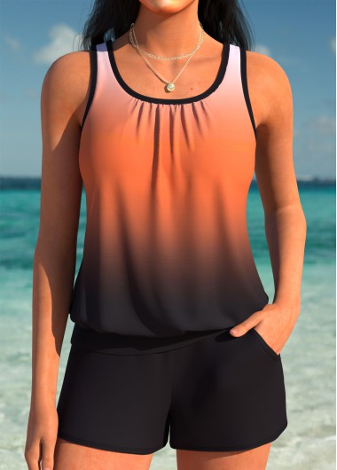 women clothes image of Multi Color Mid Waisted Blouson Ombre Tankini Set