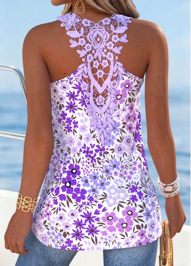women clothes image of Purple Floral Print Patchwork Sleeveless Round Neck Tank Top