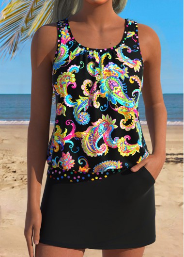 women clothes image of Multi Color Mid Waisted Pocket Paisley Print Tankini Set