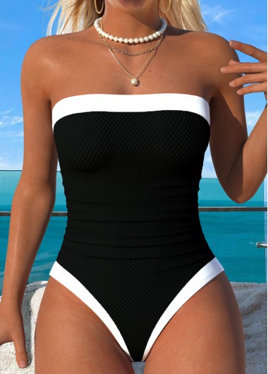 women clothes image of Black Patchwork Round Neck One Piece Swimwear
