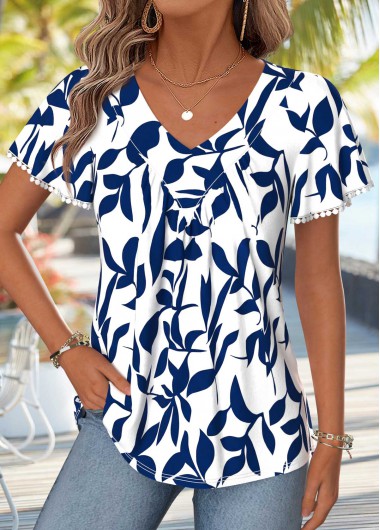 women clothes image of Navy Leaf Print Curved Hem Short Sleeve T Shirt