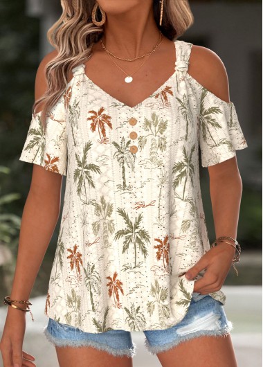 women clothes image of Beige Tropical Plants Print Curved Hem T Shirt