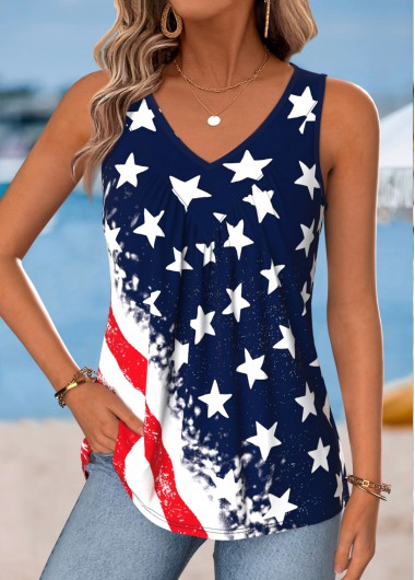 women clothes image of Navy Flag Print Curved Hem Sleeveless Tank Top