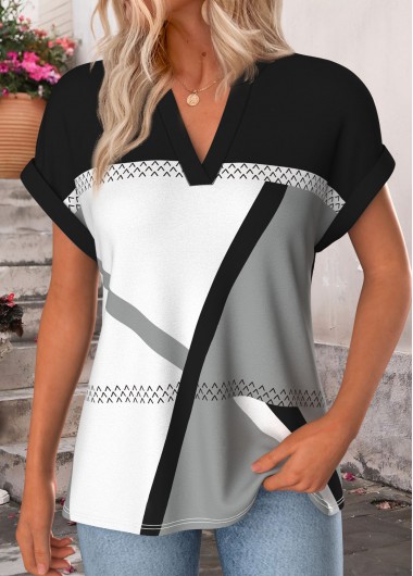 women clothes image of Black Geometric Print Patchwork Short Sleeve T Shirt