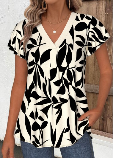 women clothes image of Beige Leaf Print Patchwork Short Sleeve T Shirt