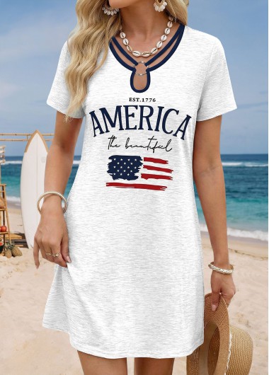 women clothes image of American Flag White Short Tummy Coverage Round Neck Dress