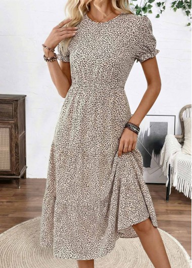 women clothes image of Light Camel Leopard Shirred Short Sleeve Round Neck Dress