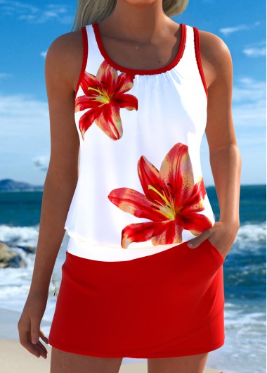 women clothes image of Red Mid Waisted Pocket Tropical Plants Print Tankini Set