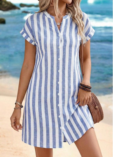 women clothes image of Dusty Blue Striped Short Tummy Coverage Split Neck Dress