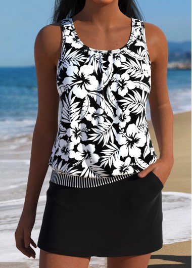 women clothes image of Black Mid Waisted Pocket Tropical Plants Print Tankini Set