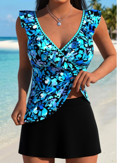 women clothes image of Cyan Mid Waisted Surplice Floral Print Tankini Set