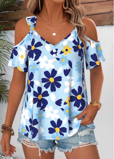 women clothes image of Blue Floral Print Twist Short Sleeve T Shirt