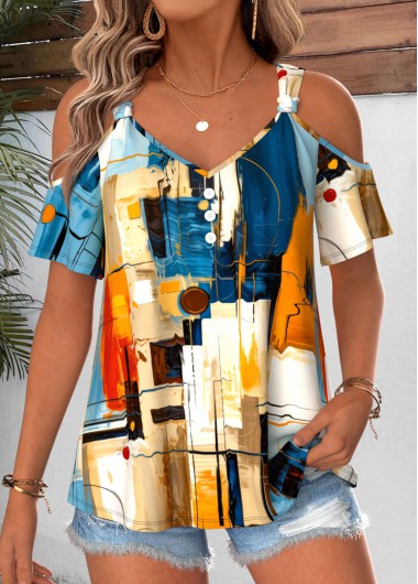 women clothes image of Multi Color Tribal Print Curved Hem T Shirt