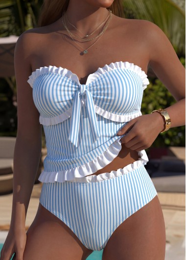 women clothes image of Blue High Waisted Tie Striped Tankini Set