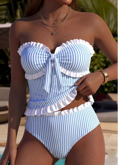 women clothes image of Blue High Waisted Tie Striped Tankini Set