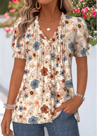 women clothes image of Multi Color Floral Print Frill Short Sleeve T Shirt