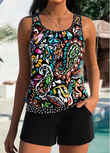 women clothes image of Black Mid Waisted Blouson Tribal Print Tankini Set
