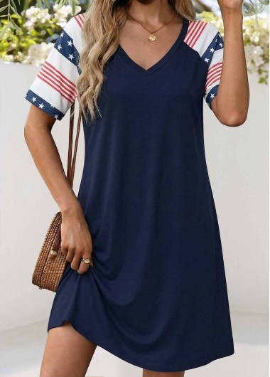 women clothes image of Navy Flag Print Short Tummy Coverage V Neck Dress