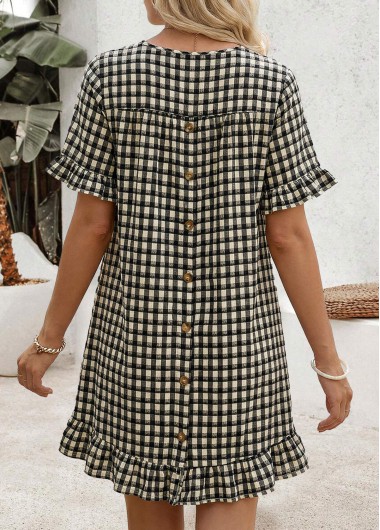 women clothes image of Black Plaid Short Patchwork Round Neck Dress