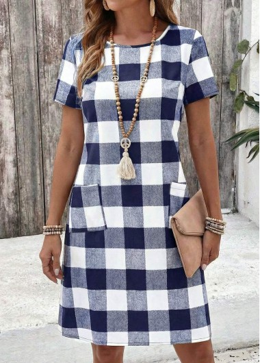 women clothes image of Navy Plaid Short Double Side Pockets Round Neck Dress