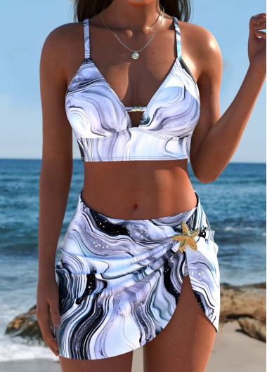 women clothes image of Grey Mid Waisted Three-piece Marble Print Bikini Set