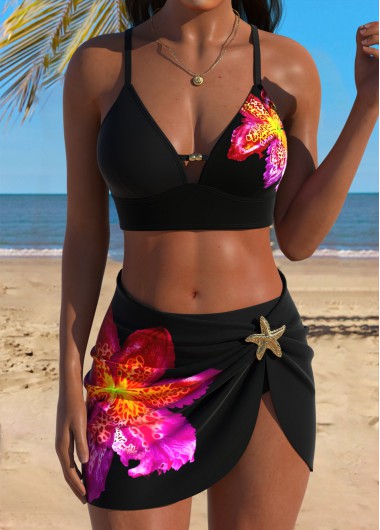 women clothes image of Black Mid Waisted Three-piece Tropical Plants Print Bikini Set