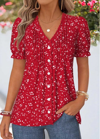 women clothes image of Red Geometric Print Frill Short Sleeve T Shirt