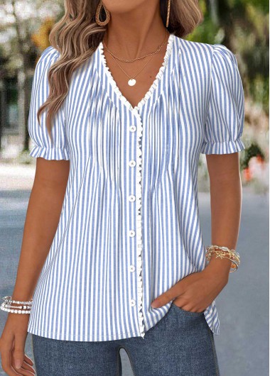 women clothes image of Dusty Blue Striped Frill Short Sleeve T Shirt