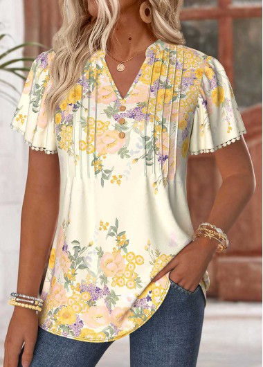 women clothes image of Light Yellow Floral Print Tuck Stitch T Shirt