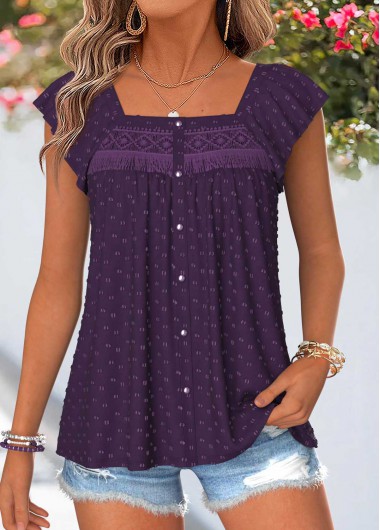 women clothes image of Purple Curved Hem Short Sleeve Square Neck Tank Top