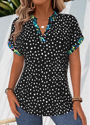 women clothes image of Black Polka Dot Patchwork Short Sleeve Stand Collar Blouse