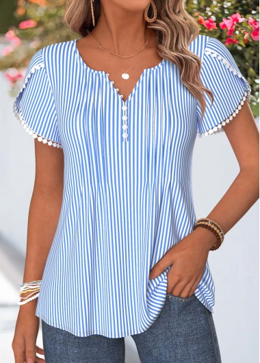 women clothes image of Blue Striped Patchwork Short Sleeve Split Neck T Shirt
