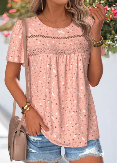 women clothes image of Light Pink Floral Print Patchwork Short Sleeve T Shirt