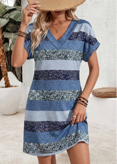 women clothes image of Blue Striped Short Tummy Coverage V Neck Dress