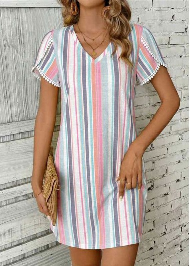 women clothes image of Multi Color Striped Short Tummy Coverage V Neck Dress