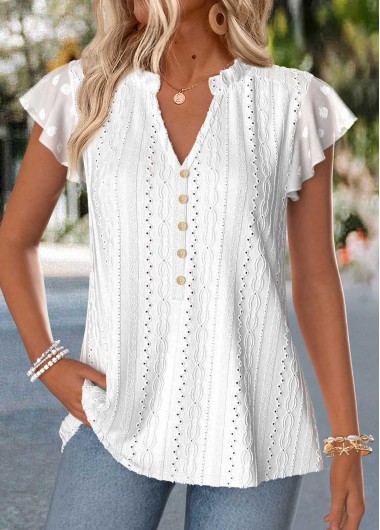 women clothes image of Raw White Tummy Coverage Short Sleeve Split Neck Blouse