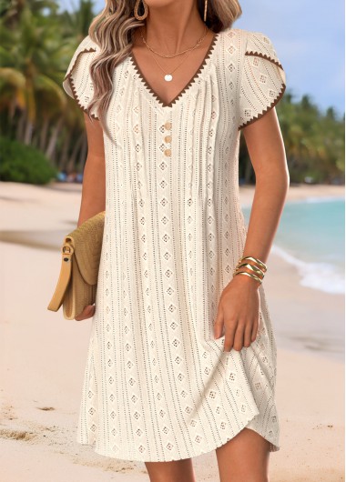 women clothes image of Beige Short Tuck Stitch V Neck Dress