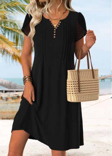 women clothes image of Black Short Tuck Stitch Split Neck Dress