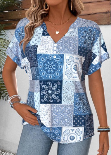 women clothes image of Blue Tribal Print Tummy Coverage Short Sleeve T Shirt