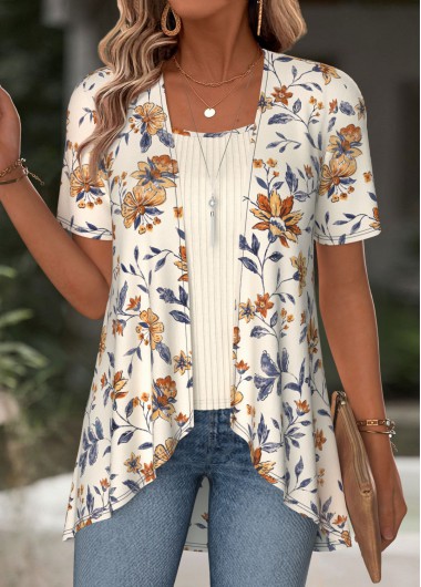 women clothes image of Beige Floral Print Short Sleeve Fake Two Piece Twinset
