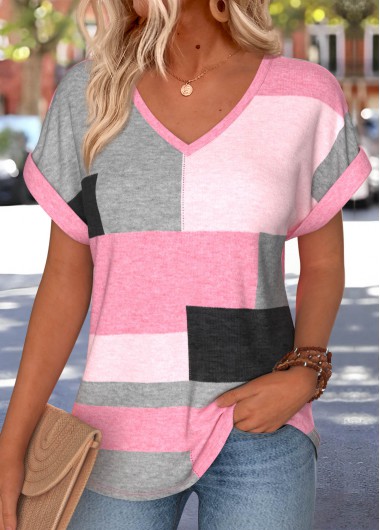 women clothes image of Pink Geometric Print Tummy Coverage Short Sleeve T Shirt