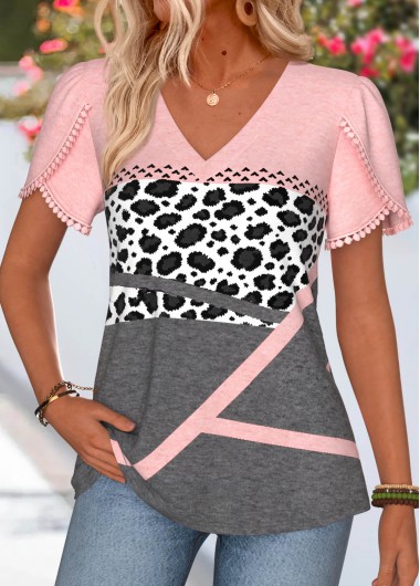 women clothes image of Pink Geometric Print Tummy Coverage Short Sleeve T Shirt