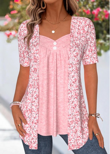 women clothes image of Pink Ditsy Floral Print Fake Two Piece Twinset