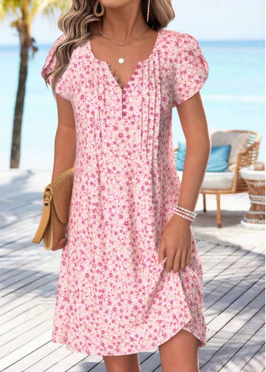women clothes image of Light Pink Ditsy Floral Print Short Tuck Stitch Dress