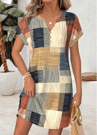 women clothes image of Multi Color Geometric Print Short Tummy Coverage Dress