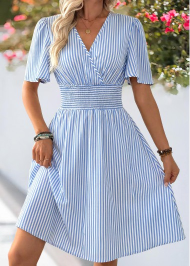 women clothes image of Blue Striped Smocked Short Sleeve V Neck Dress