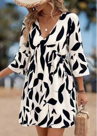 women clothes image of Light Coffee Leaf Print Short Shirred 3/4 Sleeve Dress