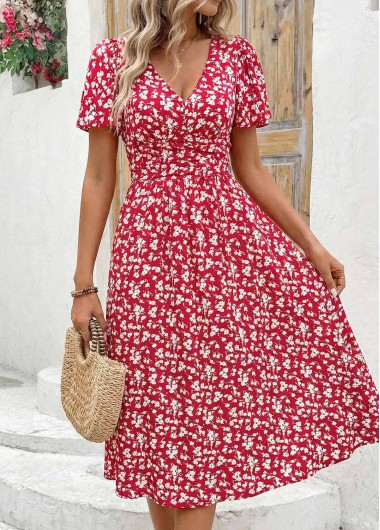 women clothes image of Red Ditsy Floral Print Smocked Short Sleeve Dress