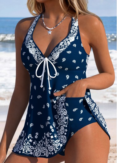women clothes image of Navy Layered Paisley Print One Piece Swimdress