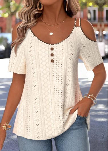 women clothes image of Beige Curved Hem Short Sleeve Round Neck T Shirt